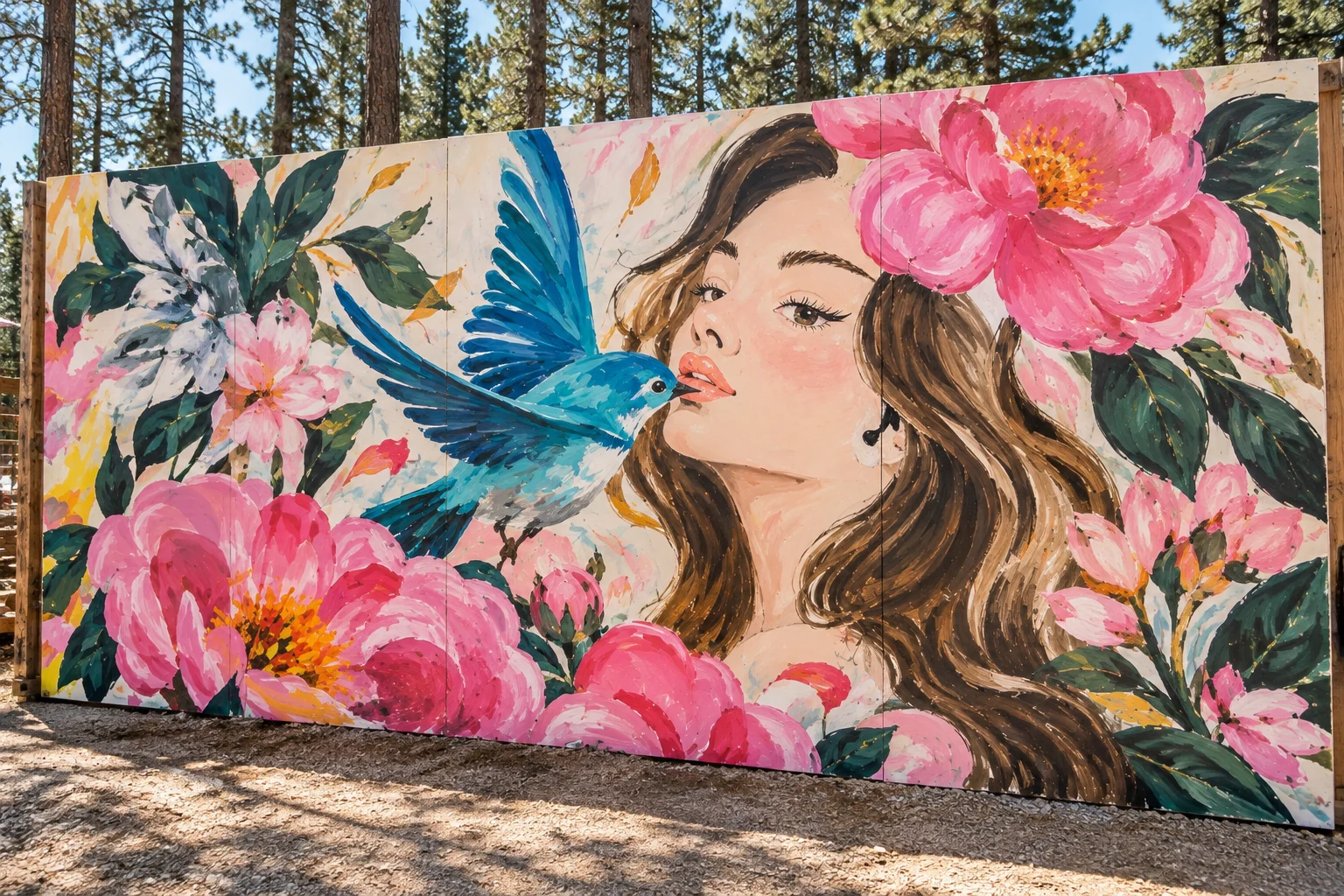 Bluebird and floral mural artwork