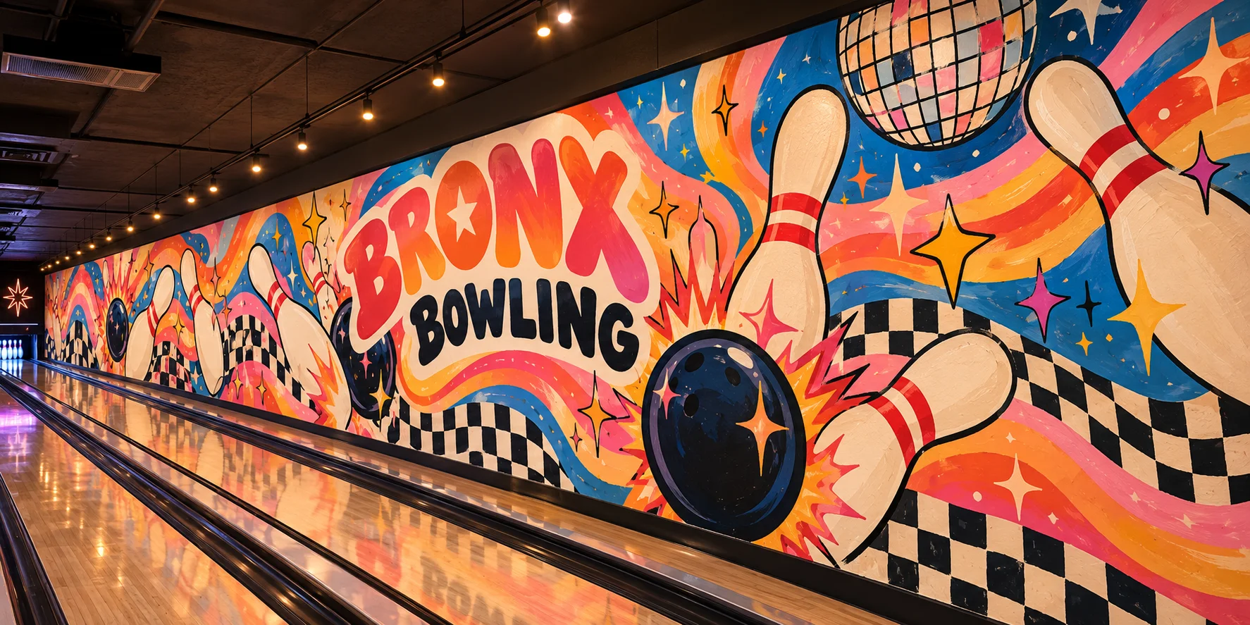 Colourful retro-inspired Bronx Bowling mural artwork