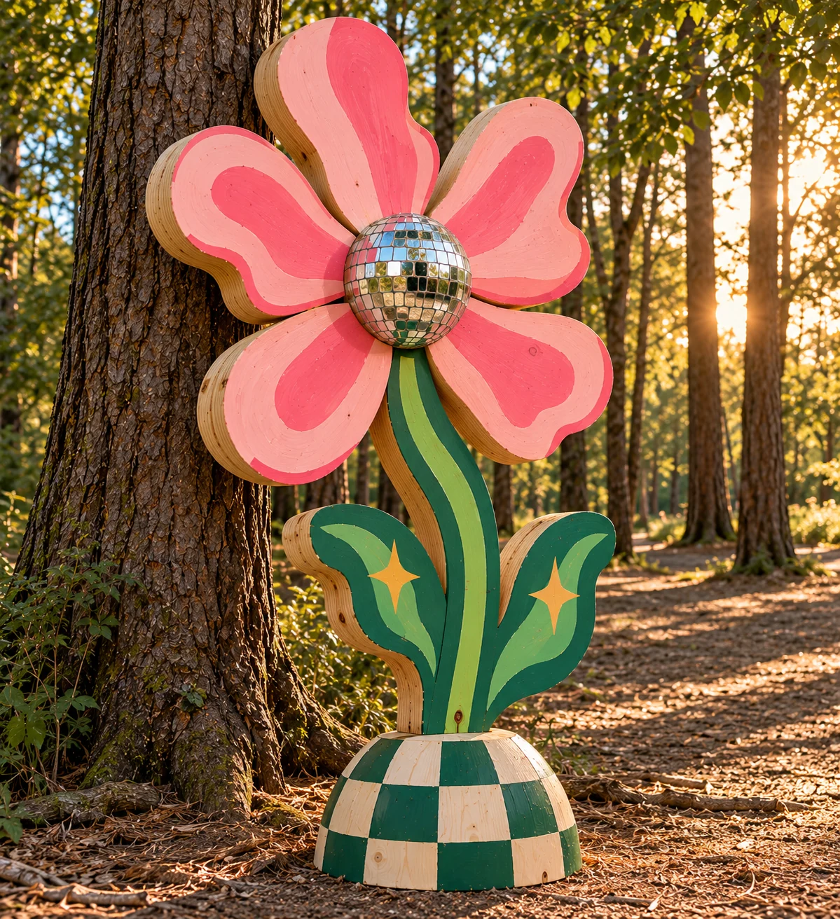 Pink painted wooden Disco Bloom flower sculpture in a woodland setting