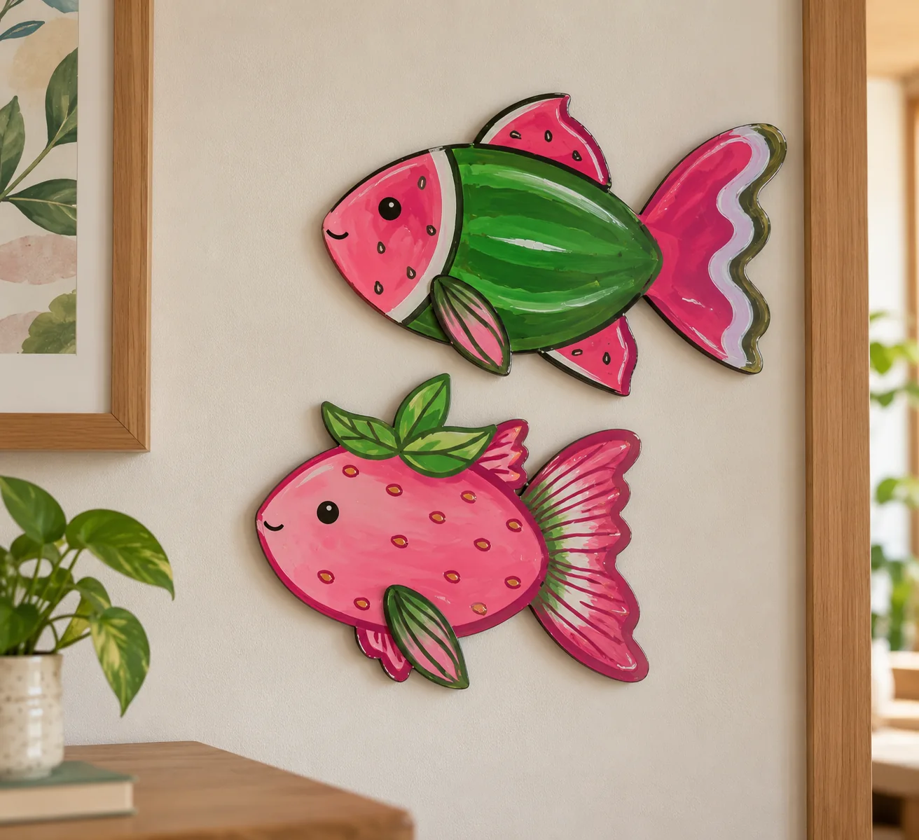 Colourful watermelon and strawberry fish wall sculptures